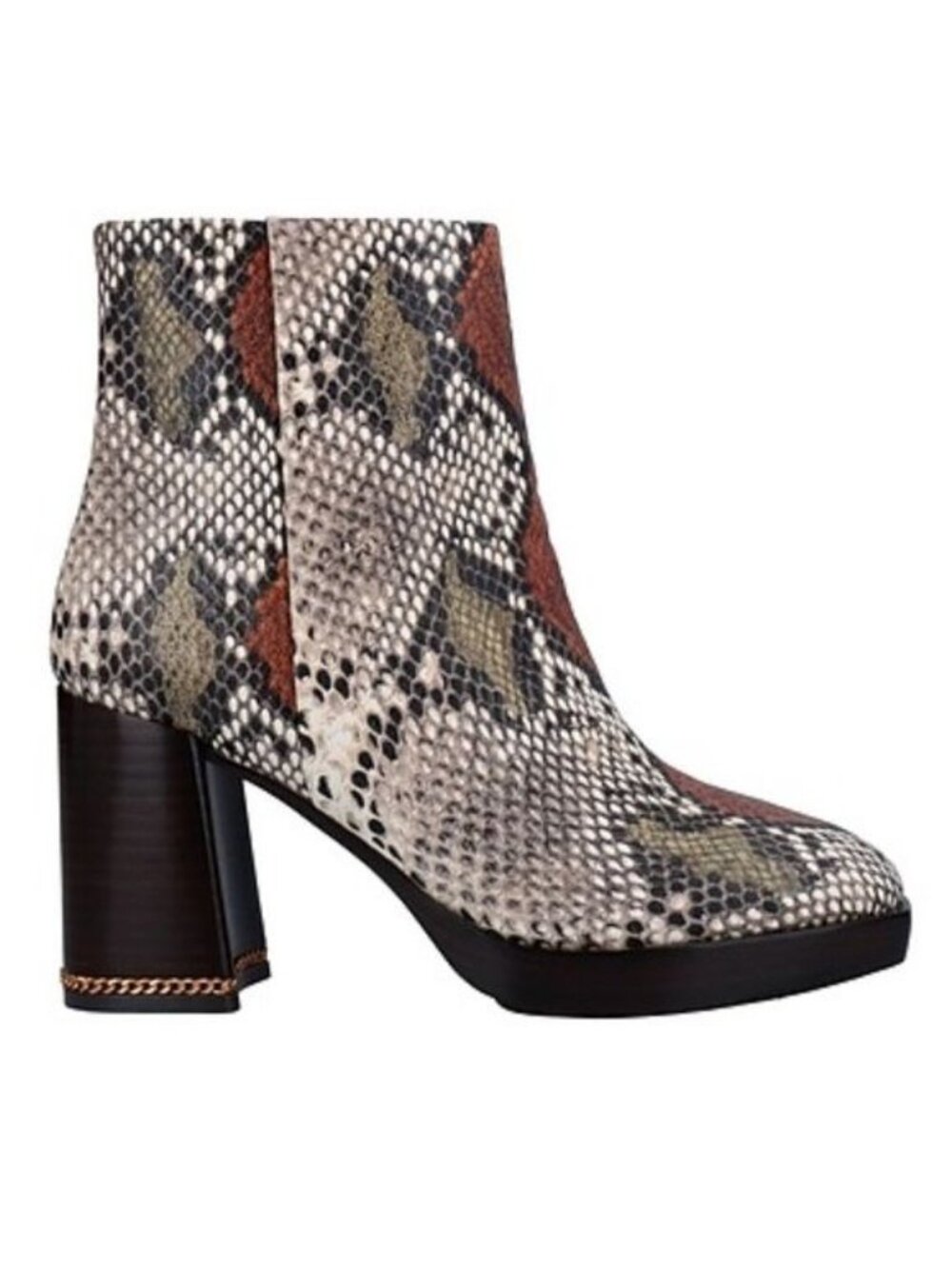 Tory Burch Ruby Python-Embossed Ankle Boots Size 8 Aspen Block Heel Chain Accent